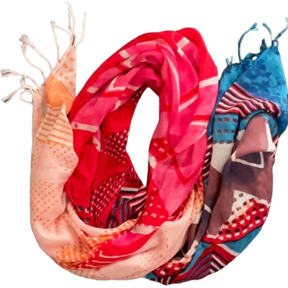 Scarf or Cover Up / Red Blue Blush /Geometrical patterns / with Fringe